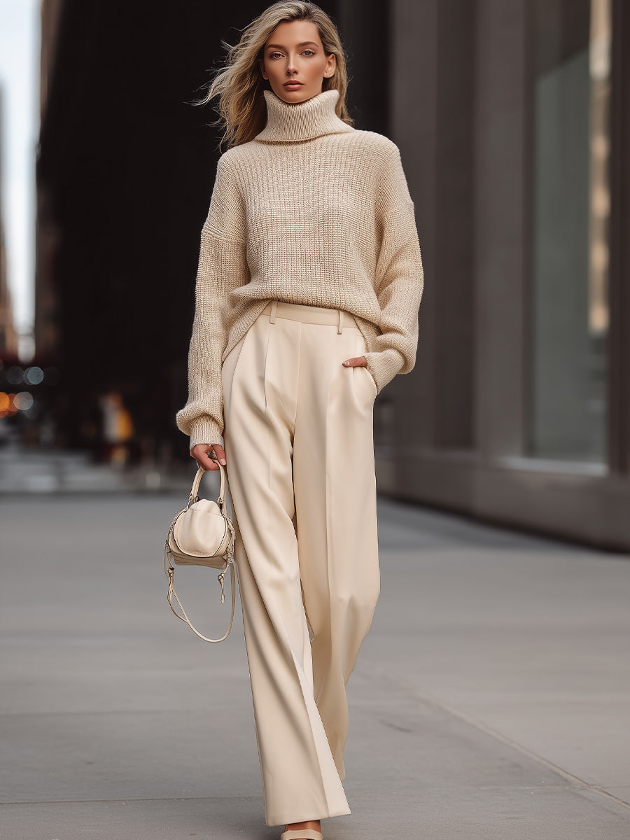 Cozy Beige Knit & Tailored Trousers Set