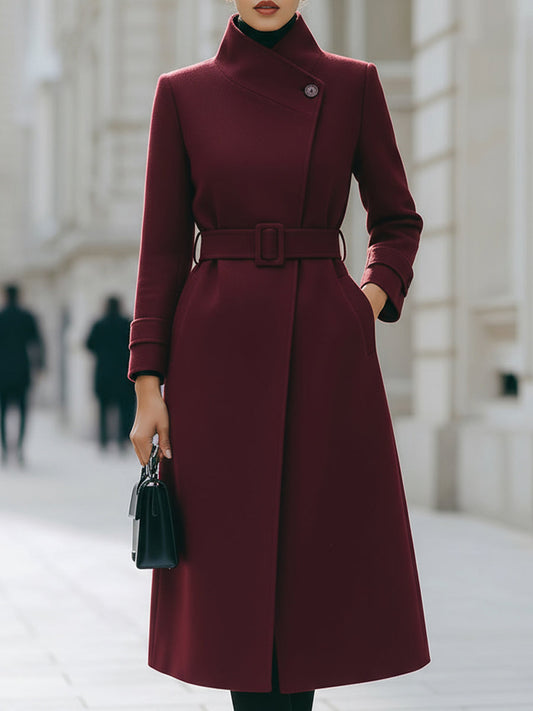 Elegant Burgundy Belted Wool Coat