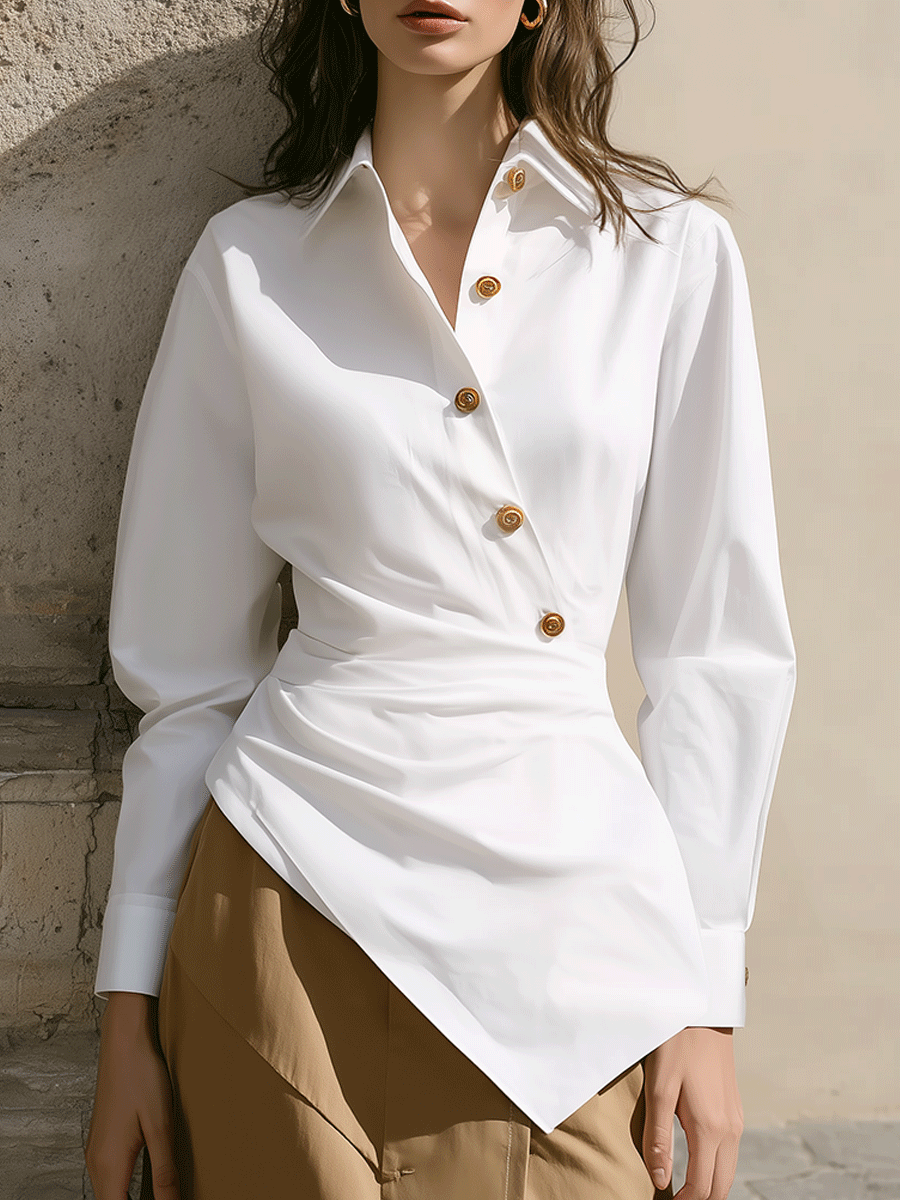 Asymmetric Draped Button-Detail White Shirt