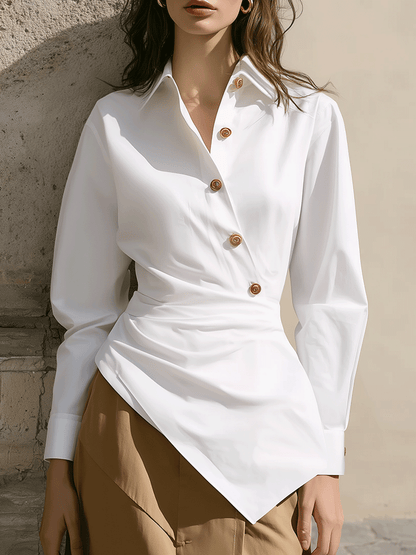 Asymmetric Draped Button-Detail White Shirt