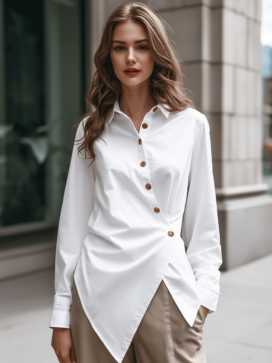 Symmetric Draped Button-Detail White Shirt