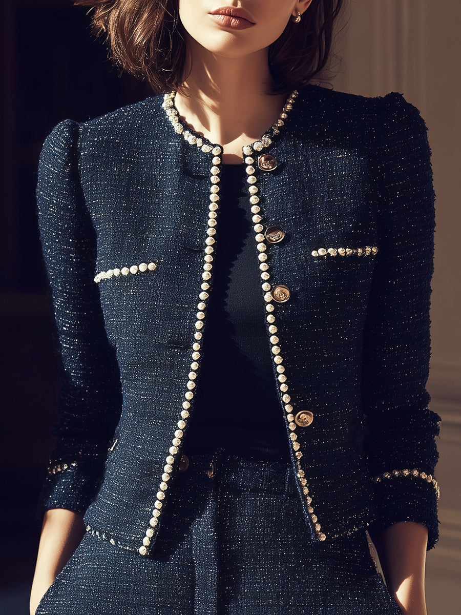 Midnight Pearl-Trim Tweed Jacket