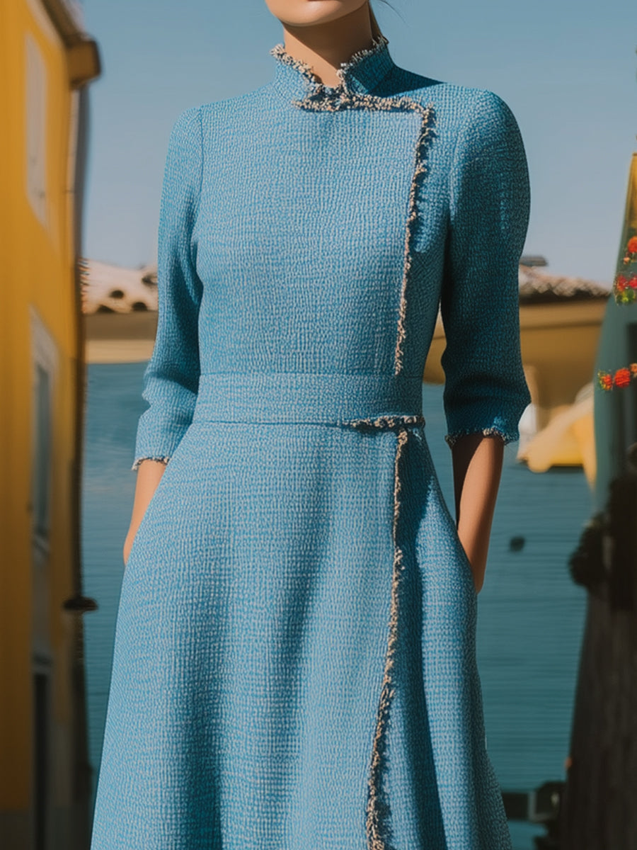 Blue Tweed Mandarin Collar Dress