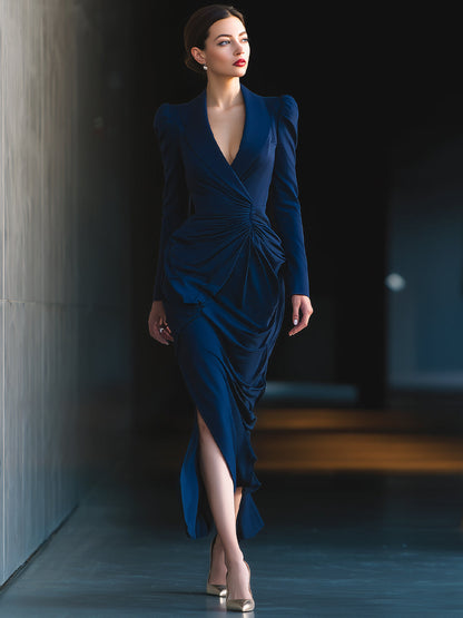 Midnight Navy Draped Wrap Dress With Structured Shoulders