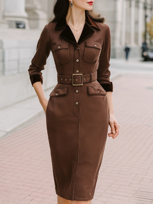 Sophistication Belted Midi Dress With Velvet Trim