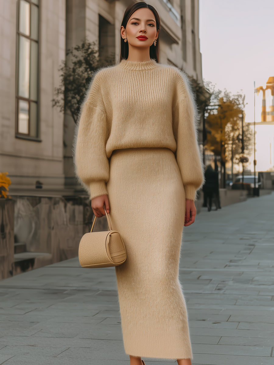 Luxurious Beige Knit Sweater And Skirt Set