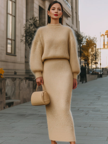 Luxurious Beige Knit Sweater And Skirt Set