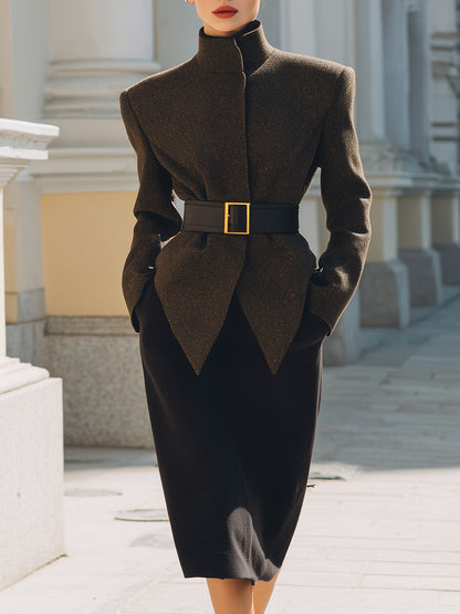 Structured Wool-Blend Belted Blazer Skirt Set