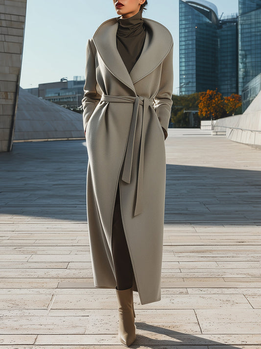 Light Grey Wrap Long Coat With Sculpted Lapels