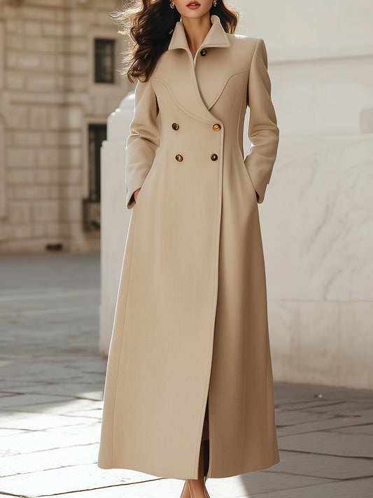 Elegant Double-Breasted Long Wool-blend Coat With Structured Lapels