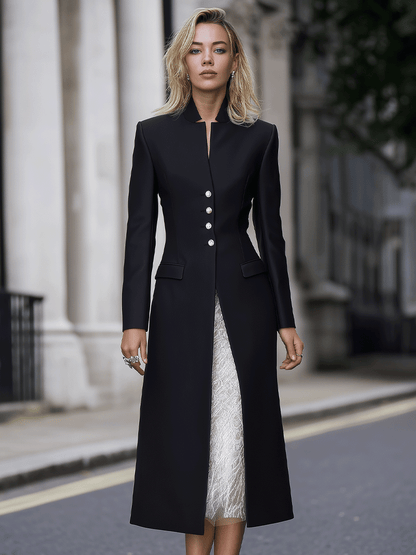 Black High-Collar Embellished Button Longline Coat Dress