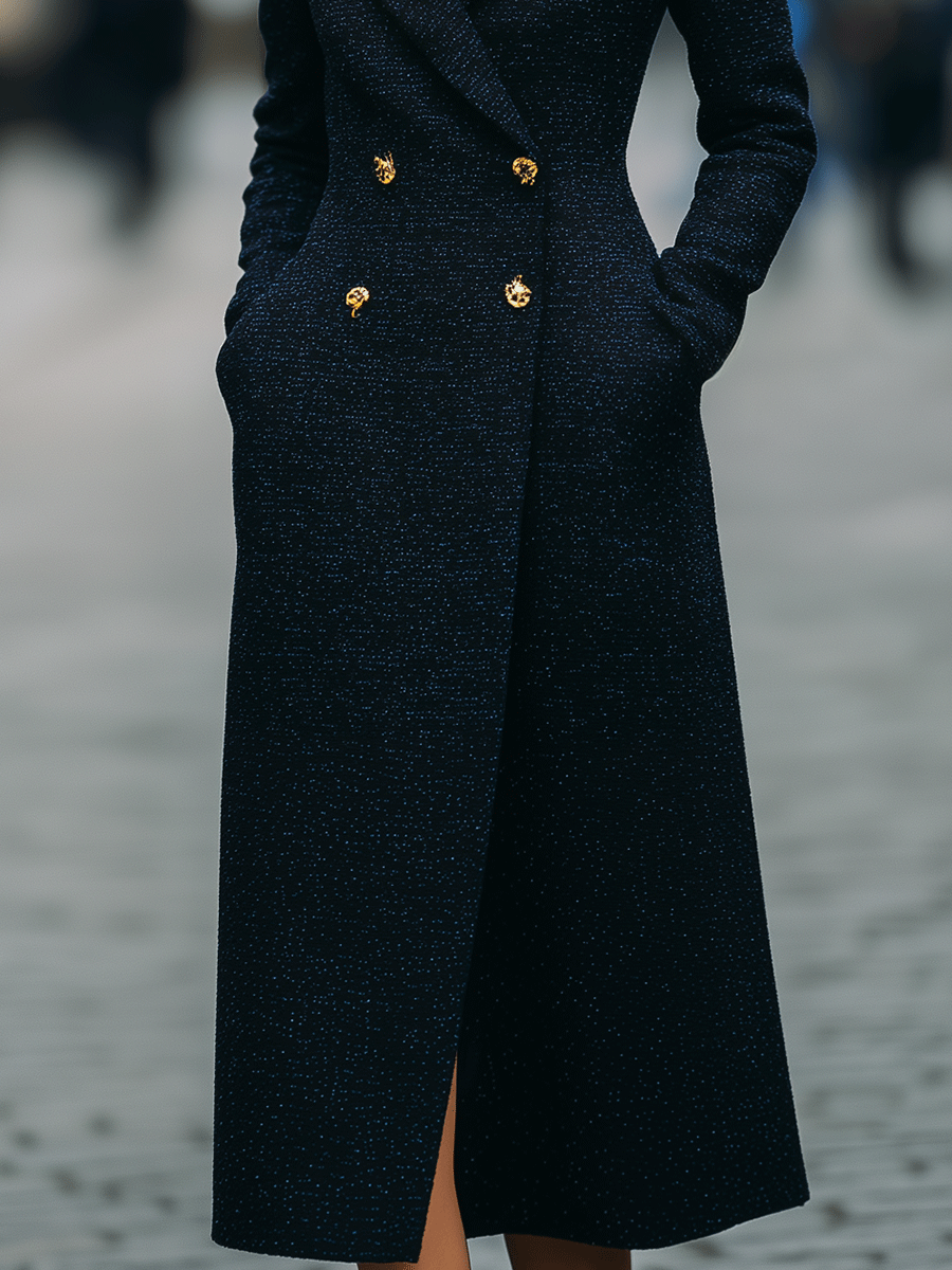 Midnight Navy Double-Breasted Long Coat With Gold Buttons