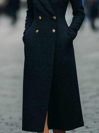 Midnight Navy Double-Breasted Long Coat With Gold Buttons