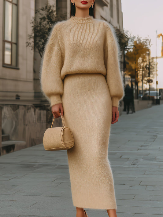 Luxurious Beige Knit Sweater And Skirt Set