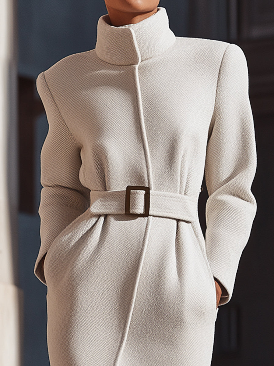 Ivory Belted High-Neck Coat