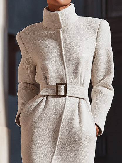Ivory Belted High-Neck Coat