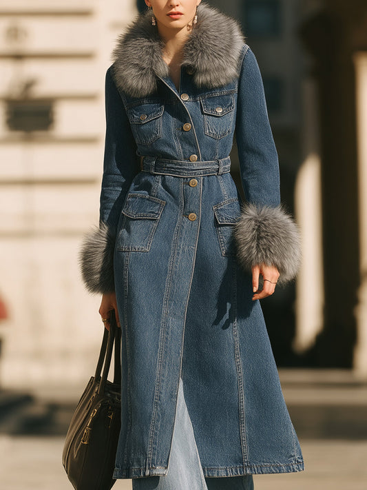 Denim Trench Coat With Faux Fur Collar And Cuffs