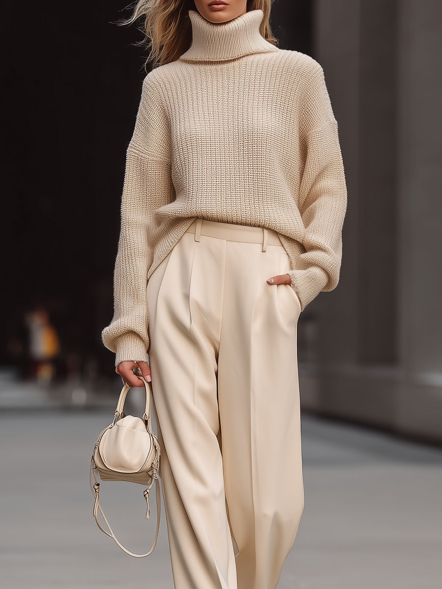 Cozy Beige Knit & Tailored Trousers Set