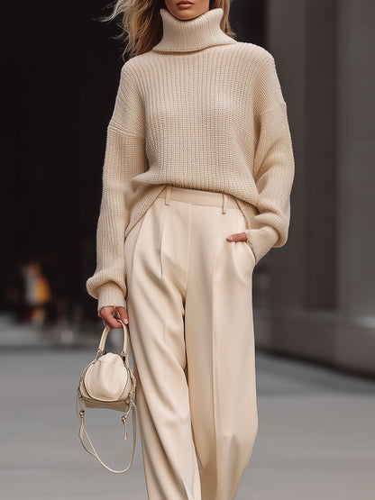 Cozy Beige Knit & Tailored Trousers Set