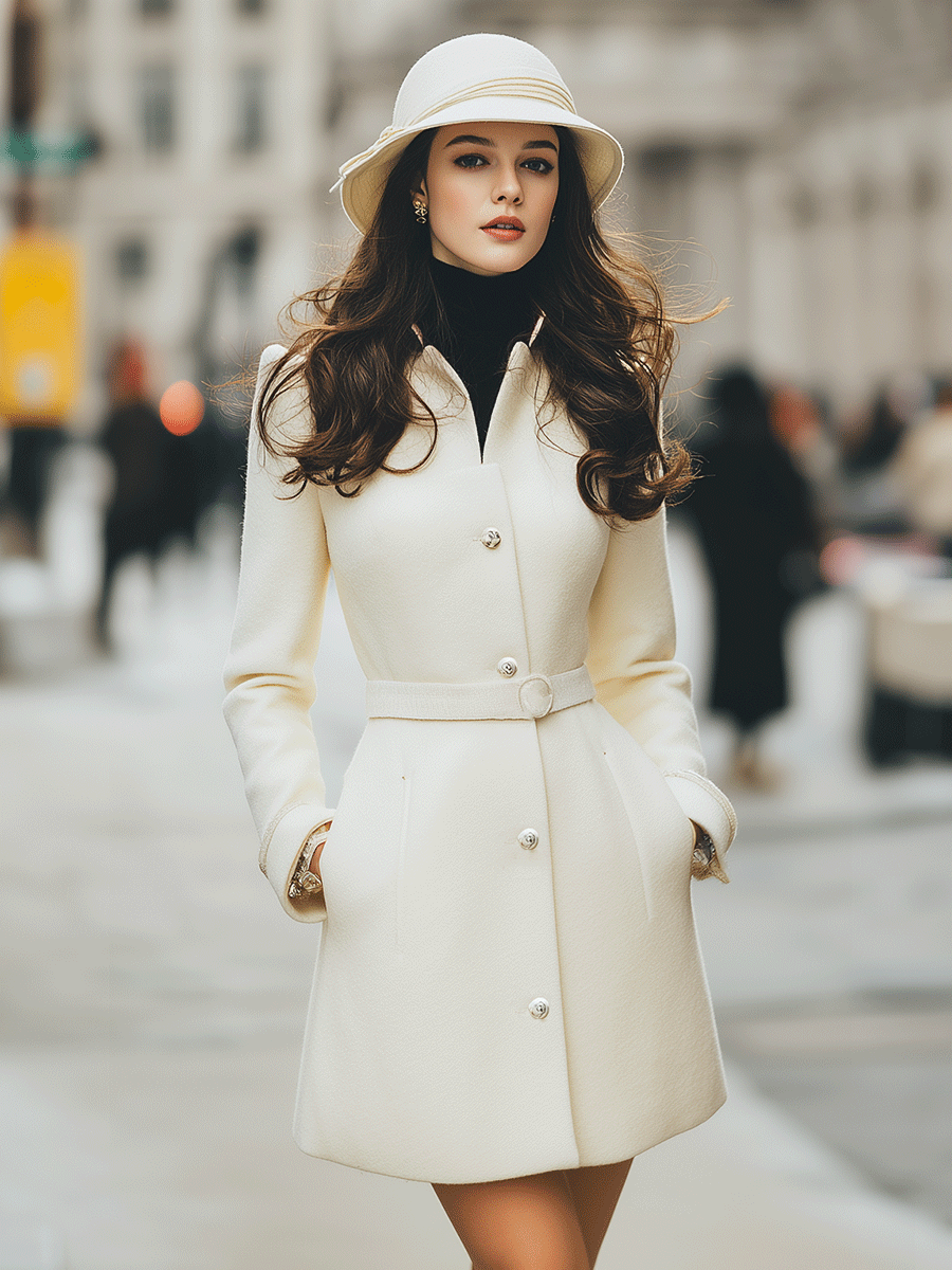 Ivory Belted A-Line Coat With Pearl Buttons