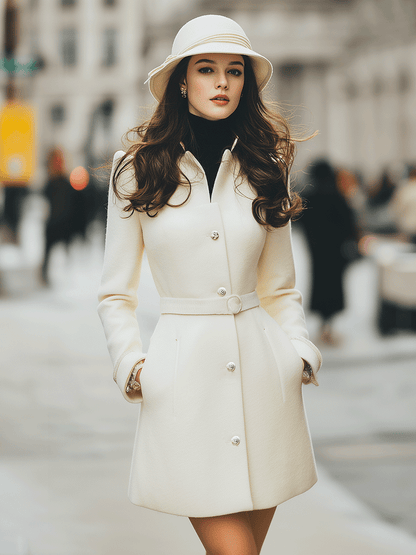 Ivory Belted A-Line Coat With Pearl Buttons