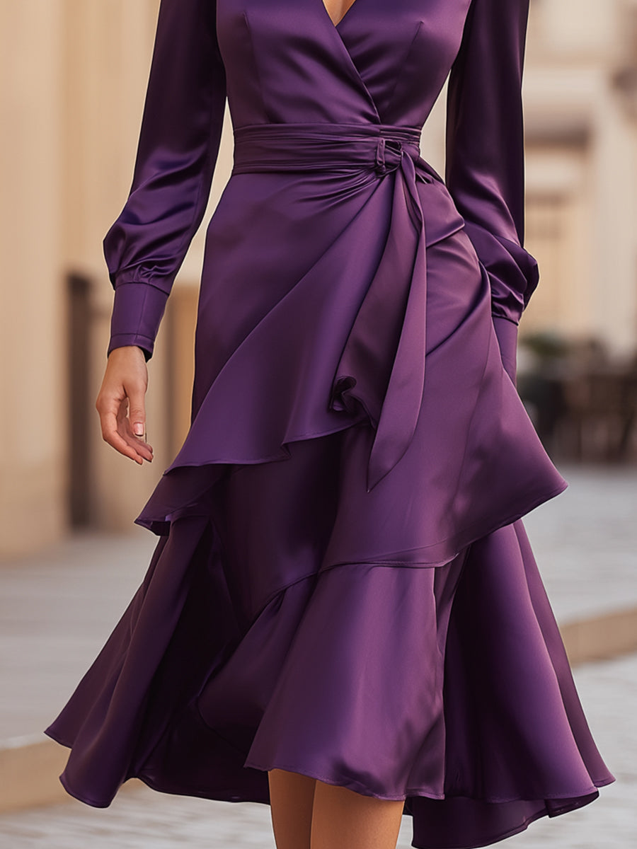 Deep Purple Satin Wrap Dress With Layered Hem