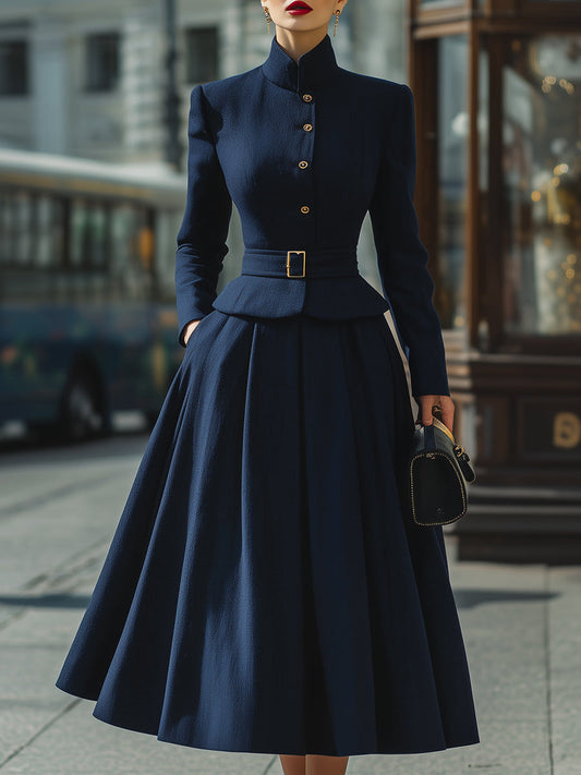 Vintage - Inspired Navy Blue Belted Suit Set