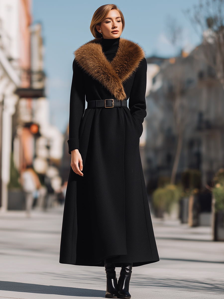 Black Wool Coat With Wide Faux Fur Collar
