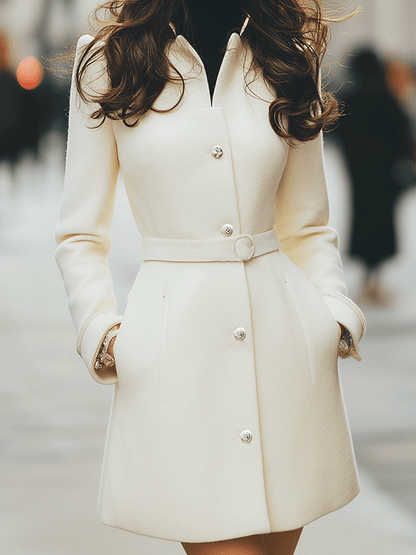 Ivory Belted A-Line Coat With Pearl Buttons