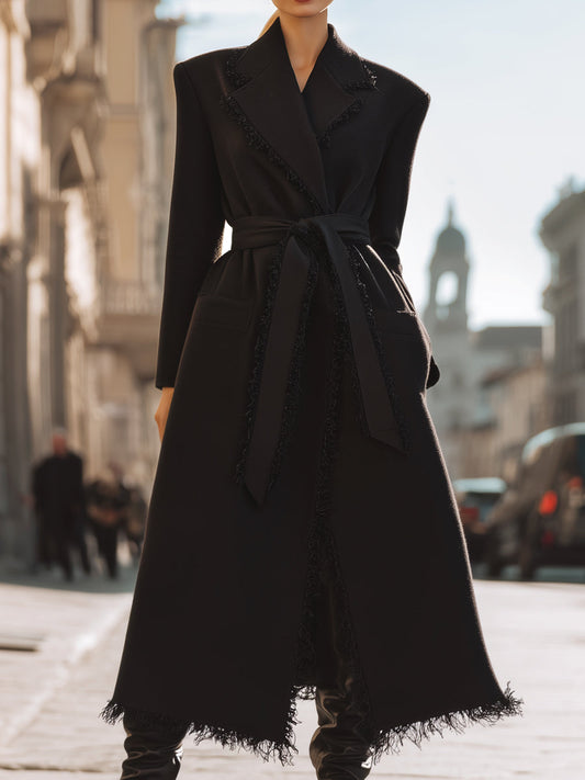 Black Belted Fringe-Trim Coat