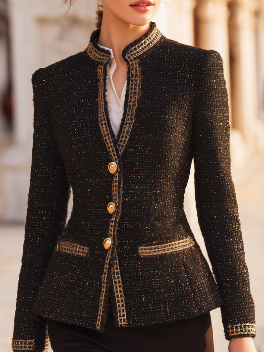 Black Gold-Lattice Tweed Blazer With Stand Collar
