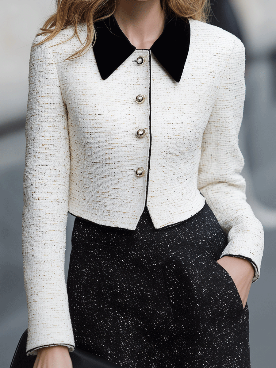 Ivory Tweed Cropped Jacket With Velvet Collar