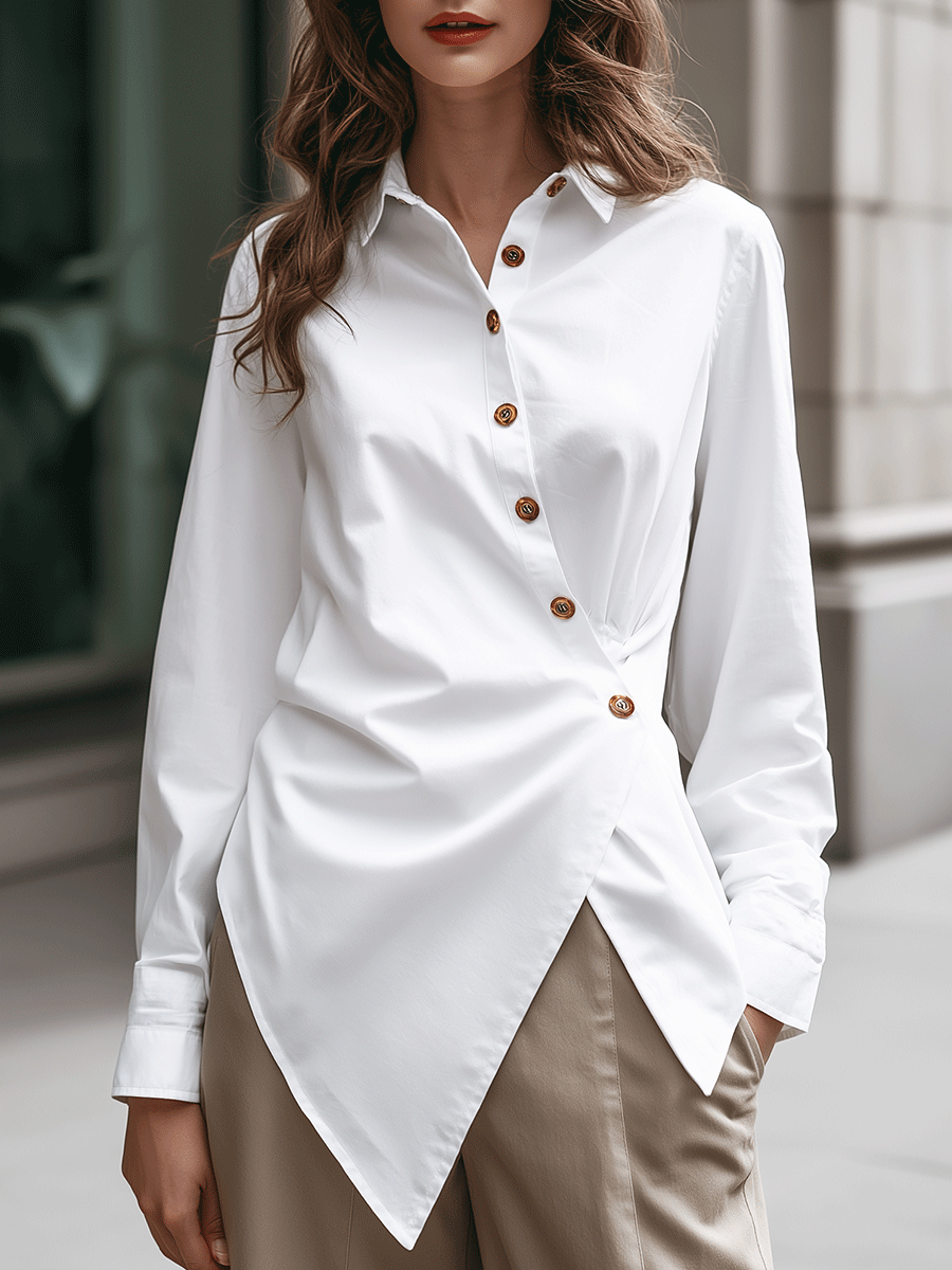 Symmetric Draped Button-Detail White Shirt