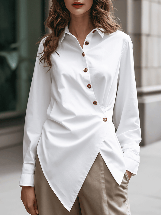 Symmetric Draped Button-Detail White Shirt