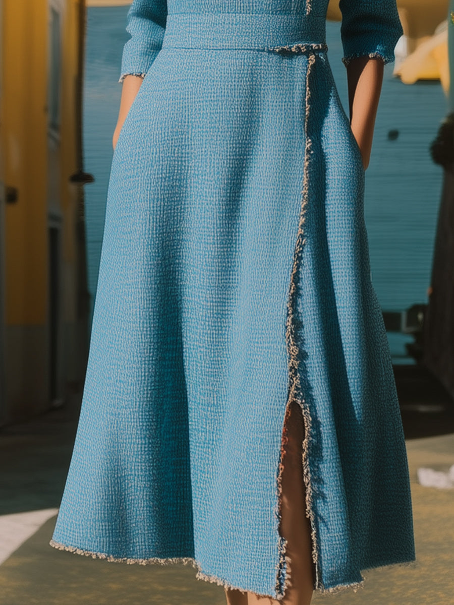 Blue Tweed Mandarin Collar Dress