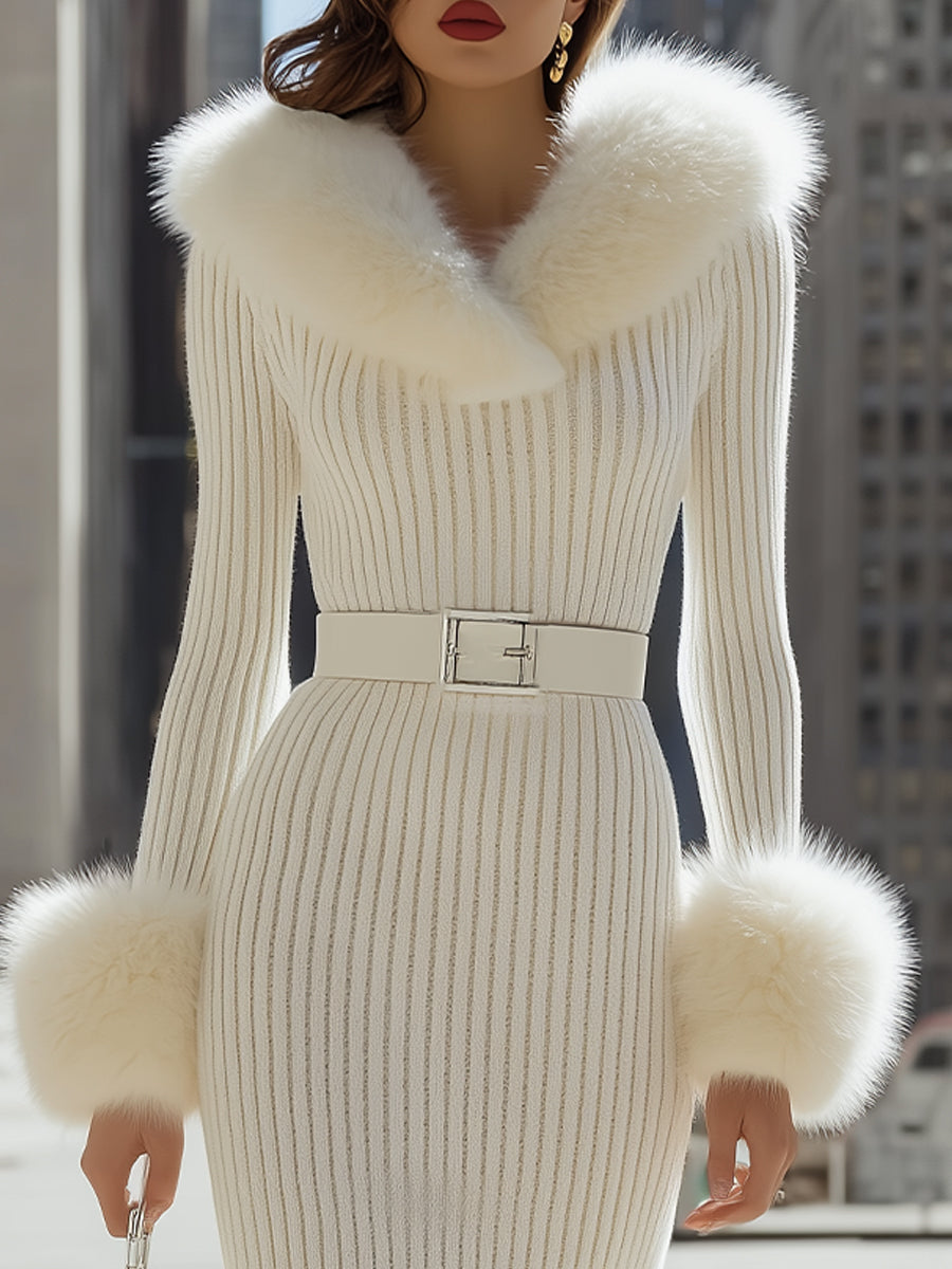 Luxurious White Faux Fur - Trimmed Ribbed Knit Midi Dress