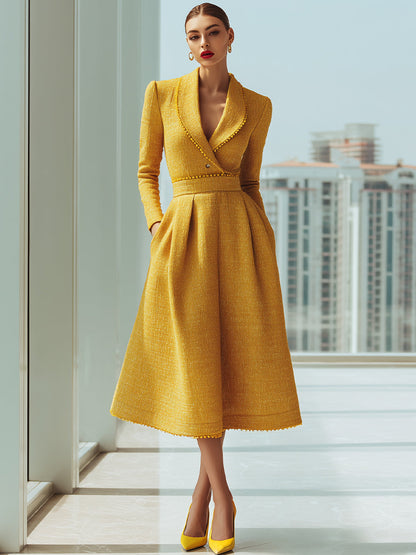 Yellow Tweed Double-Breasted Midi Dress