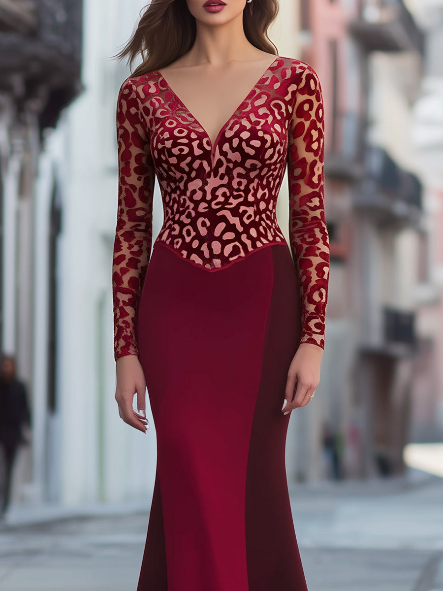V-Neckline Velvet Leopard Panel Evening Gown