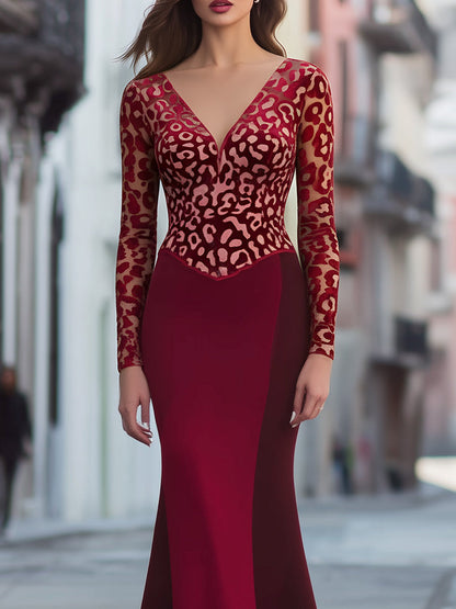 V-Neckline Velvet Leopard Panel Evening Gown