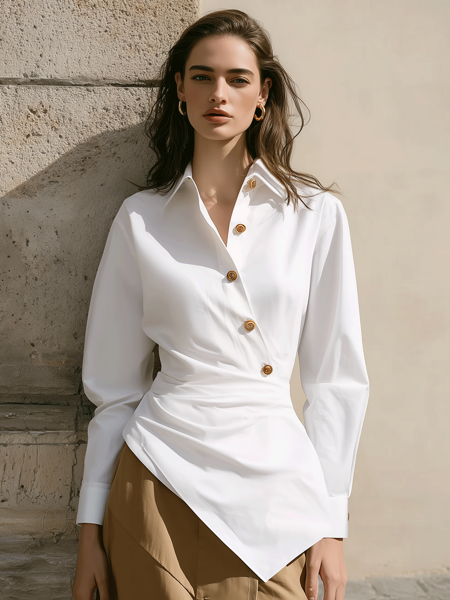 Asymmetric Draped Button-Detail White Shirt