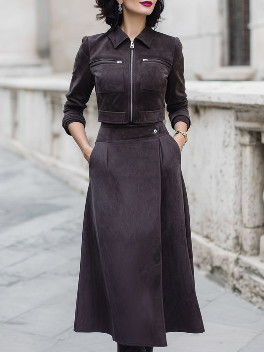 Faux Suede Cropped Jacket And A-Line Midi Skirt Set
