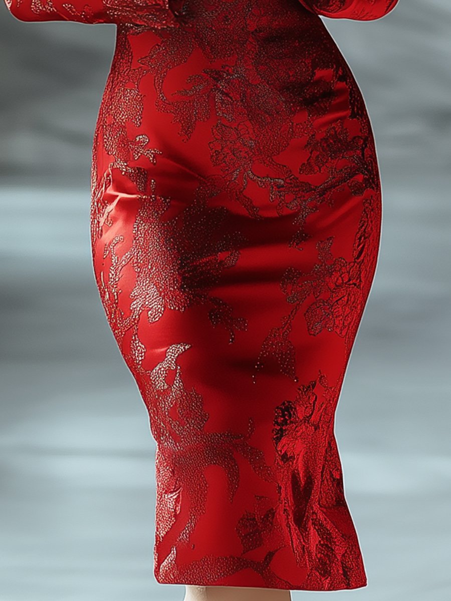 Red Timeless Grace Printed Satin Gown