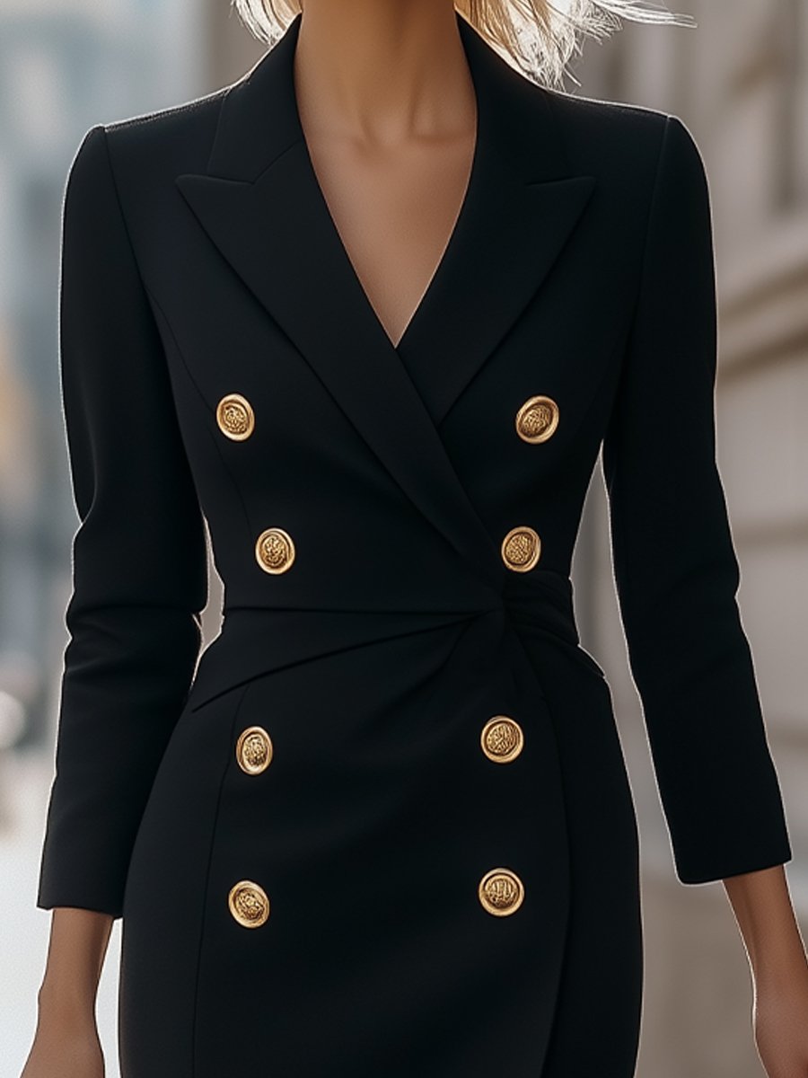 Black Double-Breasted Blazer Dress with Gold Buttons