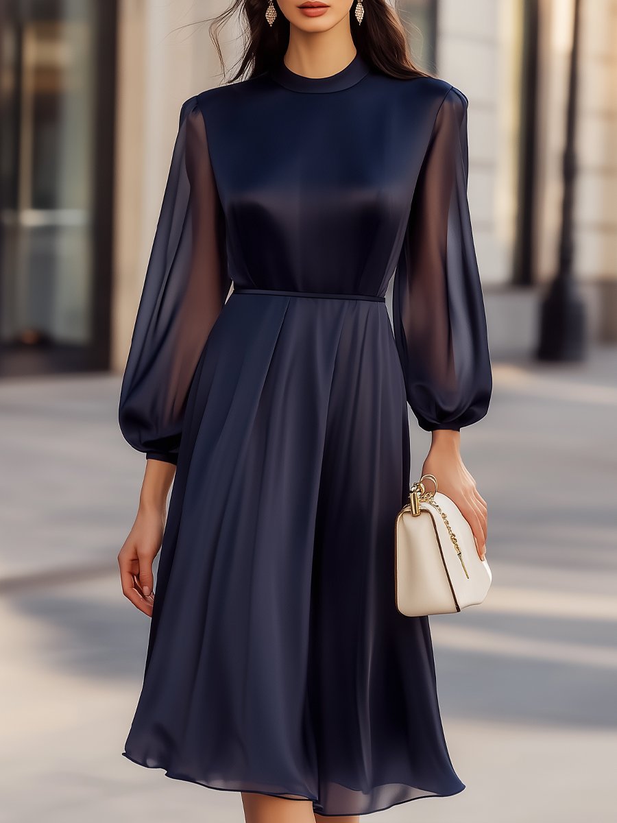 Elegant Navy Chiffon Dress with Sheer Sleeves